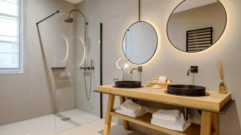 a bathroom with two mirrors and a sink and a shower at Château de la Gaude in Aix-en-Provence