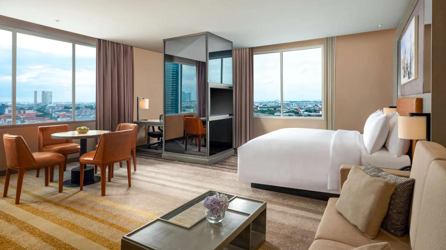 a hotel room with a view of a city at DoubleTree by Hilton Surabaya in Surabaya