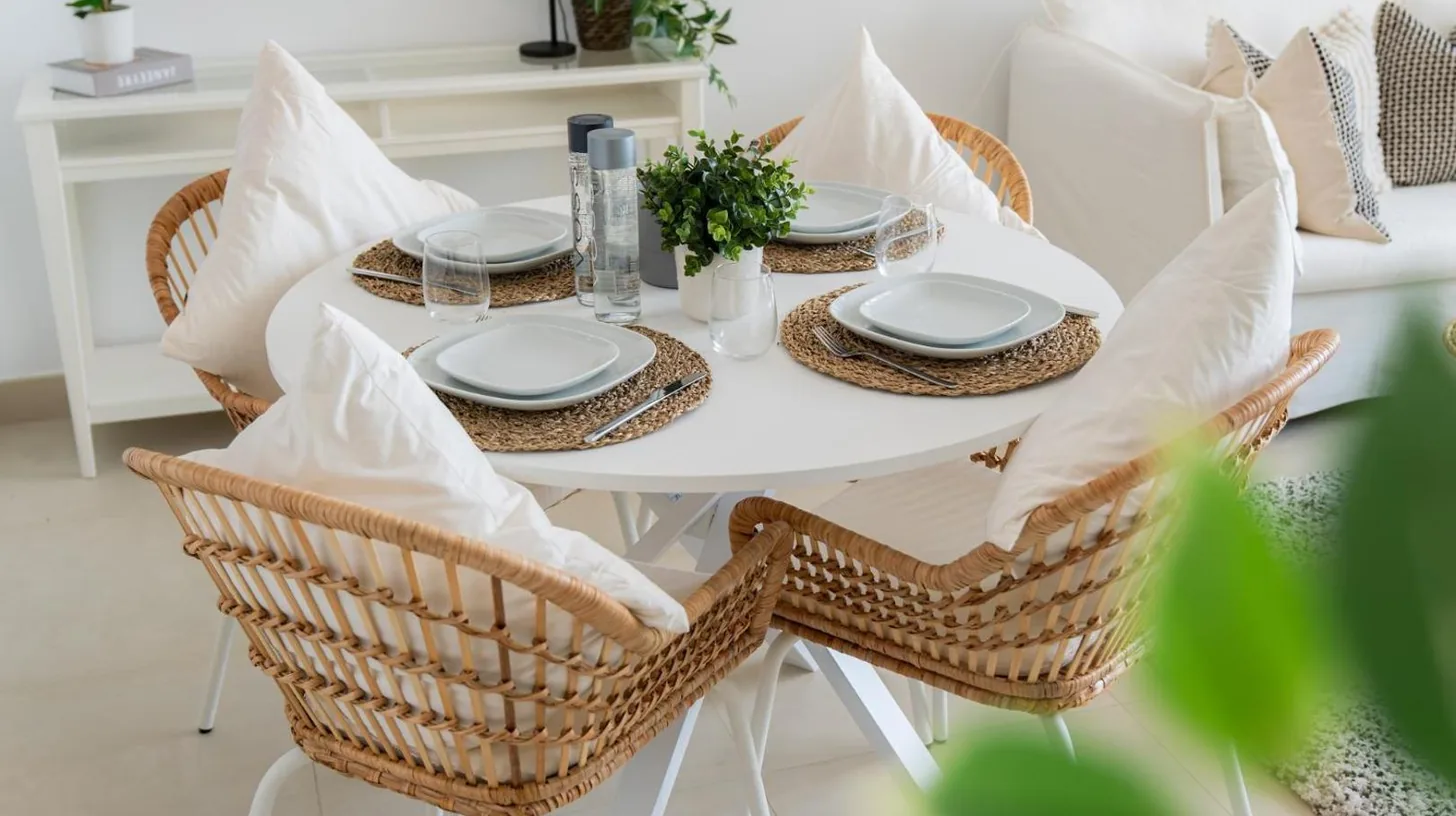 a white dining room table with chairs and pillows at Elite Escape Holiday Home - 2 BHK Getaway with Burj Khalifa View and Dubai Mall Access - 1507 in Dubai