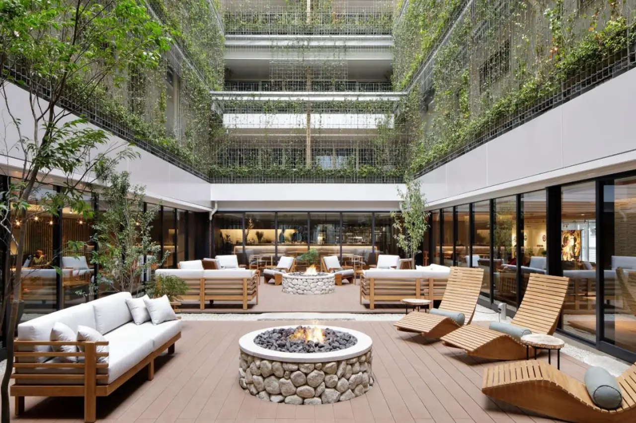 Good Nature Hotel Kyoto outdoor lounge area with fireplace