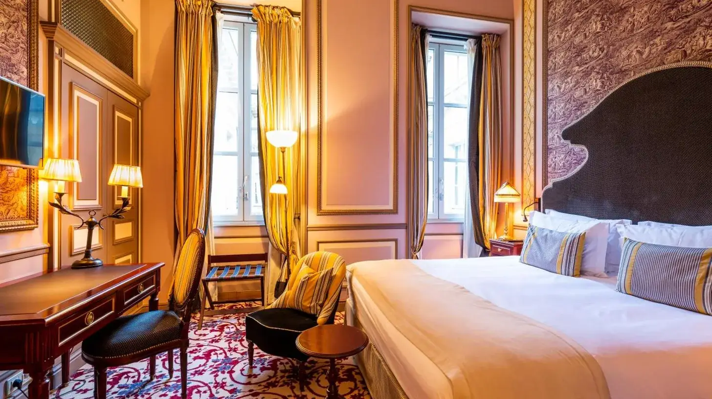 a hotel room with a bed and a desk at InterContinental Bordeaux Le Grand Hotel by IHG in Bordeaux