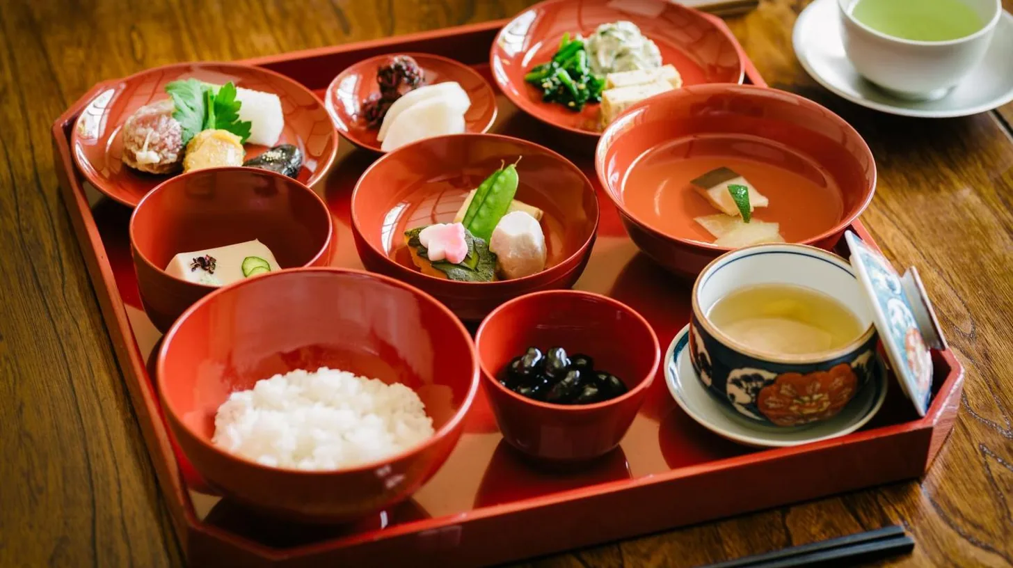 a tray of food with bowls of food on a table at Kiraku Kyoto Gion in Kyoto