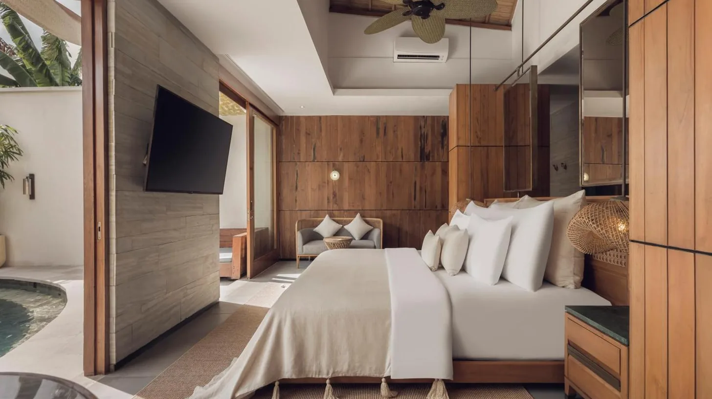 una habitaciÃ³n con baÃ±o, cama y plantas en Sini Vie Resort & Spa Seminyak by Ini Vie Hospitality en Seminyak