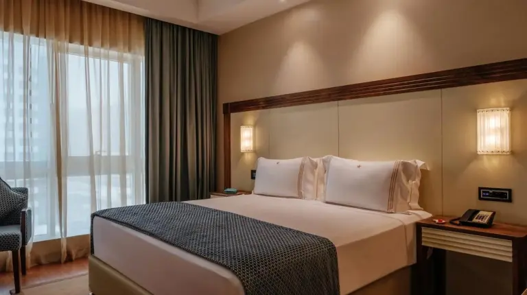 a hotel room with a large bed and a window at Stella Di Mare Dubai Marina Hotel in Dubai